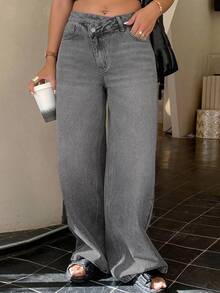 Dazy Plus Korean Style Low Waist Asymmetric Waistband Straight Leg Denim Jeans - Grey - View 7