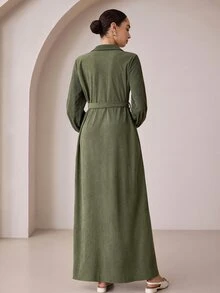 Graceveil Army Green Corduroy Collared Long Robe Dress With Metal Ring Waist Belt, Long Sleeve Muslim Conservative Dress - Army Green - View 2