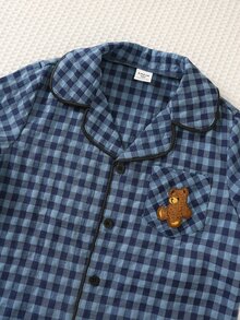SHEIN 休閒舒適刺繡熊拼接翻領長袖居家服套裝 - 彩色 - 查看 3