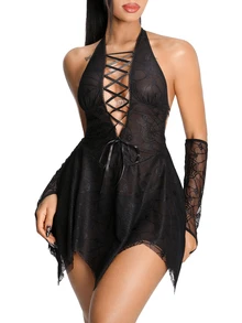AltBold Halloween Spider Web Sheer Sexy Deep V-Neck Halter Cross Strap Dress With Sleeves 3-Piece Set - Black - View 3