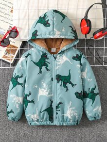 SHEIN 兒童 1件 小男孩卡通恐龍圖案長袖前開拉鍊保暖內裡連帽外套 - 彩色 - 查看 3