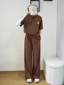 Solavon 女款休閒對比滾邊印花T恤與長褲兩件套 - 咖啡棕 - 查看 7