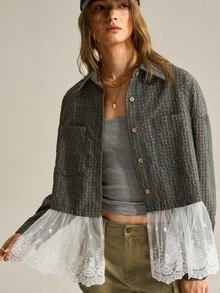 Women's Vintage Plaid Contrast Lace Blouse - Army Green - View 4