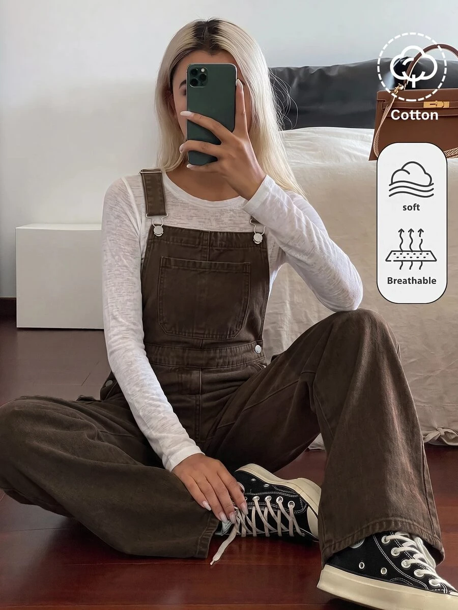 SHEIN أوفرول جينز فضفاض كاجوال بتصميم جيوب للفتيات المراهقات بلون كاكي داكن - بني - مشاهدة 1