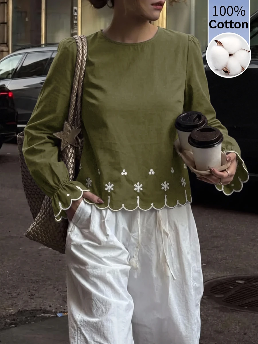 Serisse Women's Casual Floral Embroidered Shirt, Fall Brunch Green Floral - Army Green - View 1