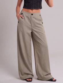 Avantive Women's Solid Color Pocket Wide Leg Loose Casual Suit Pants - Khaki - View 1