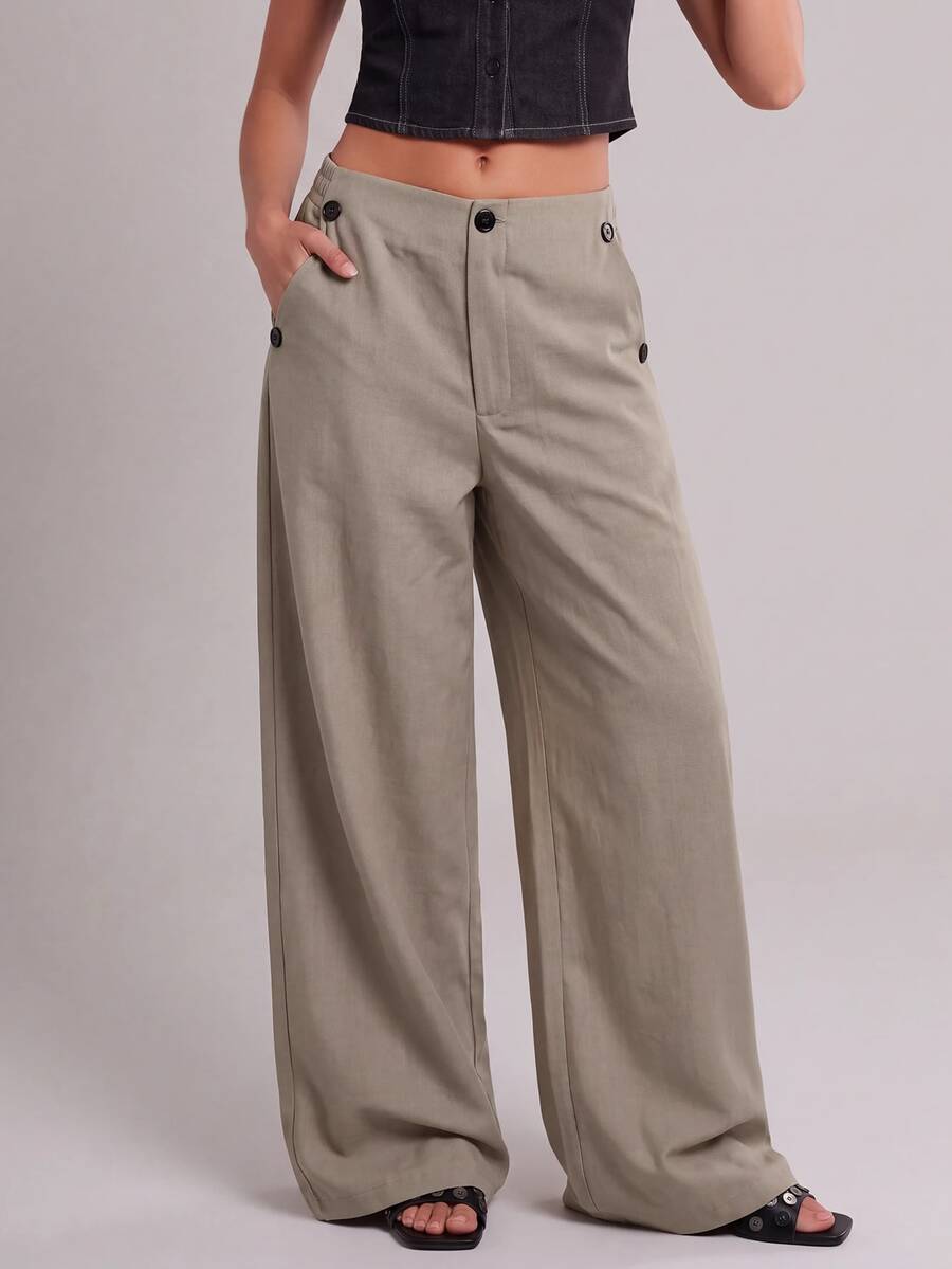 Avantive Women's Solid Color Pocket Wide Leg Loose Casual Suit Pants - Khaki - View 1