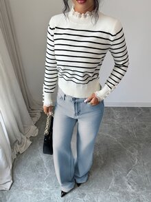 Elenzga Spring/Autumn Gentle Lady Style Black & White Ribbed Collar & Cuff Lace Trim Ribbed Knit Pullover Sweater For Women - White - View 3