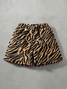 ROMWE MEN Men's Zebra Print Plush Fabric Loose Shorts - Brown - View 1