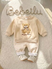 SHEIN 新生兒熊刺繡衛衣與條紋長褲套裝 - 卡其色 - 查看 3