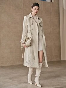 Anewsta Mantel Trench Double-Breasted Bordir Bunga Elegan untuk Perjalanan Musim Gugur - Khaki - View 3