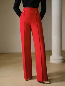 ZEYLAH Fashionable Elegant Commute Solid Color High Waist Straight Leg Pants - Red - View 2