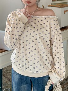 Dazy Plus Ditsy Floral All-Over Loose Long Sleeve Patchwork Ruffle Asymmetrical Shoulder Casual Sweatshirt Top For Girls, Spring/Autumn - Apricot - View 3