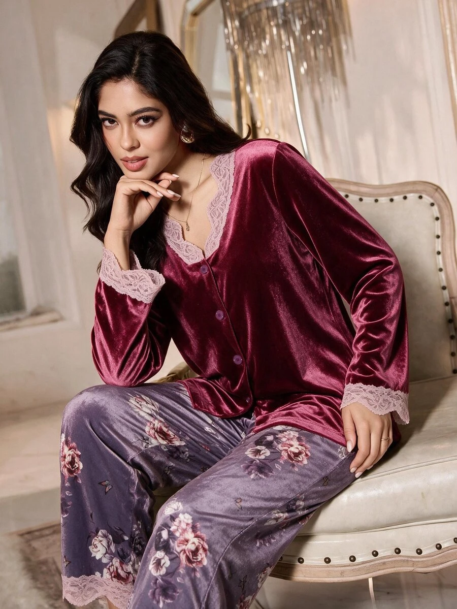 LuxeNights Elegant Velvet Printed Contrast Lace Long Sleeve Pants Pajama Set For Women - Purple - View 1