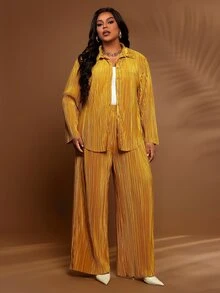 BrightlyHer Plus Size Solid Textured Lapel Long Sleeve Button Front Shirt And Pants Two Pieces Set Fall Winter 2026 - Yellow - View 1