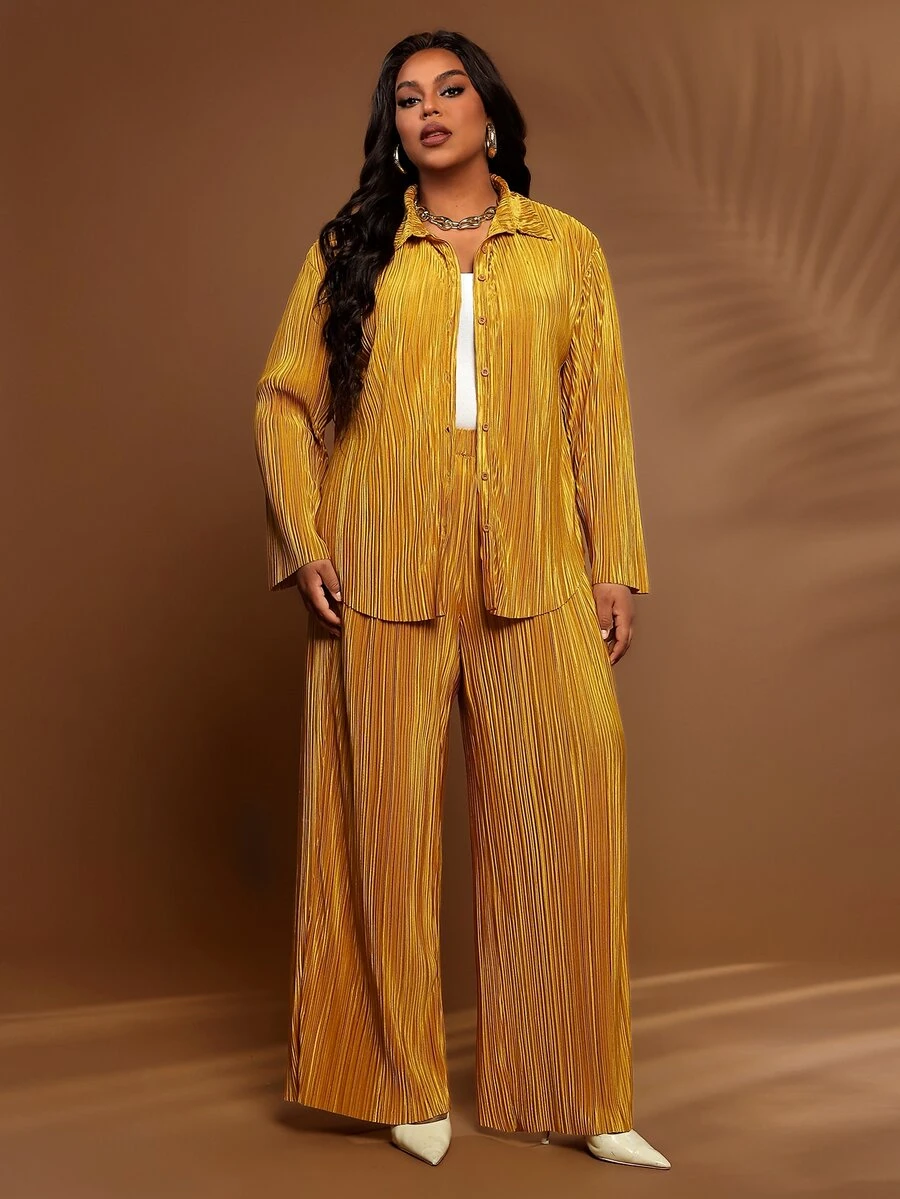 BrightlyHer Plus Size Solid Textured Lapel Long Sleeve Button Front Shirt And Pants Two Pieces Set Fall Winter 2026 - Yellow - View 1