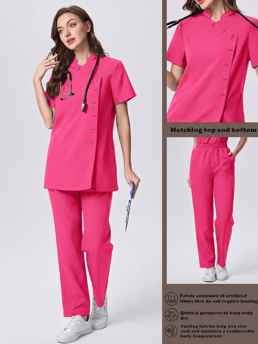 Scrubzie 抗皺立領短袖多鈕扣女款洗滌護理制服上衣與長褲2件套 - 玫紅色 - 查看 1