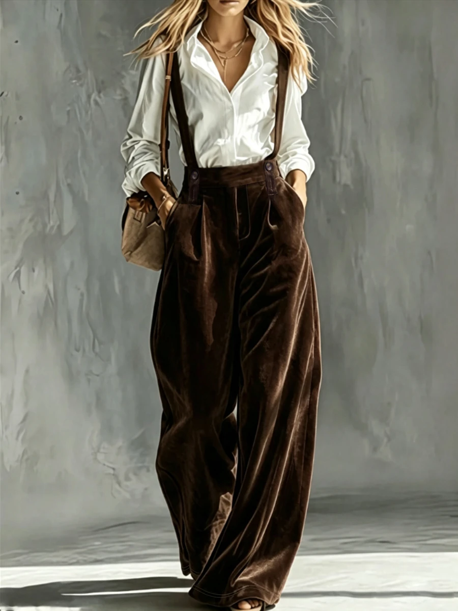 LUMIGAL Women's Autumn/Winter Velvet Jumpsuit With Pockets And Adjustable Straps - Coffee Brown - View 1