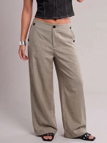 Avantive Women's Solid Color Pocket Wide Leg Loose Casual Suit Pants - Khaki - View 5