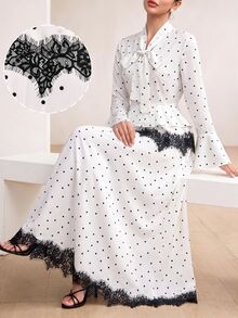 Graceveil Korean Style Polka Dot Print Lace Patchwork Bowknot Flared Sleeve Ruffle Blouse & Full Skirt 2 Pieces Set, Gentle And Elegant For Women - Multicolor - View 5