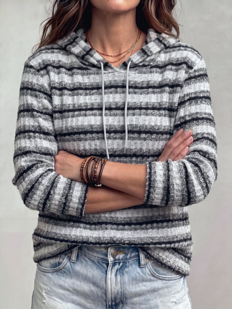 SHEIN LUNE Women's Striped Long Sleeve Casual Drawstring Sweatshirt - Multicolor - View 3