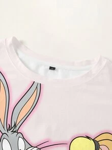 LOONEY TUNES X SHEIN 大尺碼夏季休閒卡通印花T恤 - 白色 - 查看 3