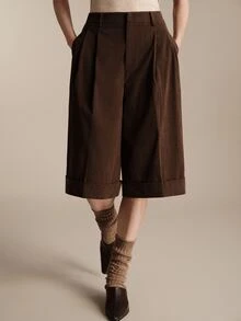 Anewsta Essential Anewsta Modern Autumn/Winter Versatile Brown Corduroy Loose Three-Quarter Length Shorts For Women - Brown - View 3