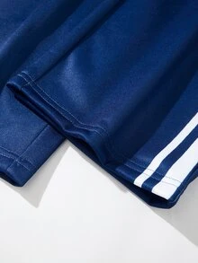 SHEIN 2pcs/Set Boys Casual Streetwear Cool Minimalist Printed Zip-Up Half-Open Collar Pullover Hoodie And Straight Leg Pants Set School Fall - Navy Blue - View 6