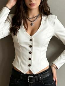 SHEIN LUNE Women's Autumn Casual Solid Color Front Button Top - Apricot - View 3