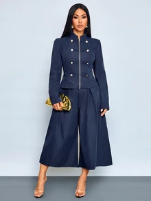 SOLERSUN Women's Vintage Military Two Pieces Suit, Napoleon Inspired Cropped Jacket And High Waist Wide Leg Pants Set With Gold Button Accents - Blue - View 6