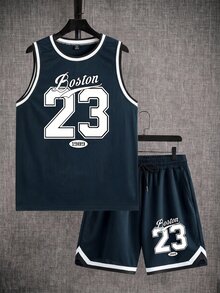 Manfinity Hypemode Men's Digital Print Navy Blue Tank Top & Shorts Set - Blue - View 1