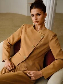 ZEYLAH Elegant Commuter Waist-Cinching Asymmetrical Front Short Blazer - Camel - View 2