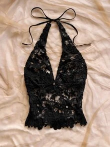 Soleia 新款性感浪漫花卉刺繡V領露背綁帶背心，適合度假、約會、夜店、波希米亞風、秋季女裝、復古、假日 - 黑色 - 查看 3