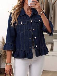 EMERY ROSE Áo khoác denim thời trang đường phố size lớn, cài cúc, gấu bèo nhún - Màu xanh lam - Xem 1