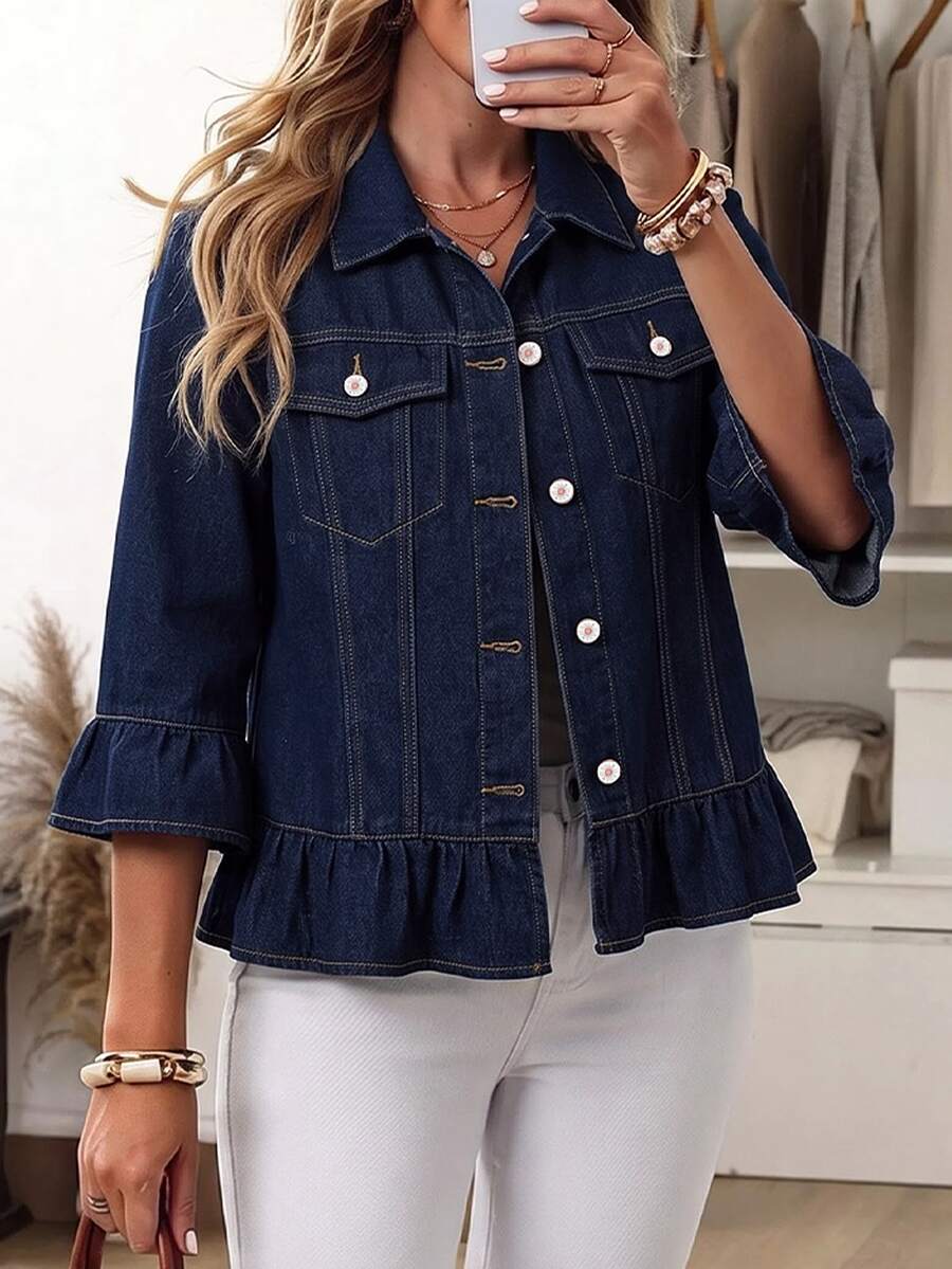 EMERY ROSE Áo khoác denim thời trang đường phố size lớn, cài cúc, gấu bèo nhún - Màu xanh lam - Xem 1