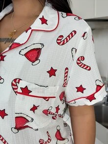 ZzzCrew Plus Size Christmas Theme Print Santa Hat & Candy Cane Pattern Short Sleeve & Long Pants Set, Casual Skin-Friendly Lapel Collar 2 Pieces Loungewear Pajamas - White - View 6