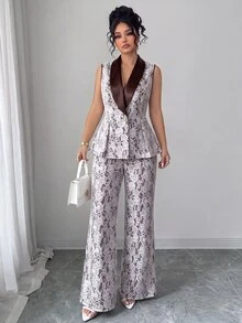 Elenzga 春夏女款復古優雅披肩領無袖收腰A字蕾絲複合面料精緻夾克長褲兩件套西裝，適合通勤、日常穿著、辦公室、購物、派對、音樂節等多種場合 - 咖啡棕 - 查看 6