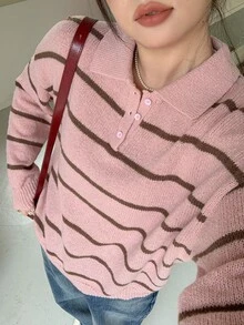 Dazy Plus Sweater Pullover Longgar Kasual dengan Motif Patchwork Blok Warna untuk Musim Gugur/Dingin - Berwarna merah muda - View 7