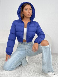 SHEIN PETITE 女款舒適冬季長袖短版連帽外套 - 藍色 - 查看 4