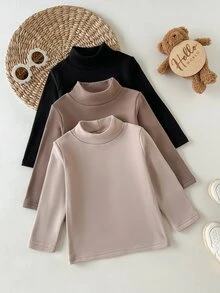 SHEIN Vintaside Kids 3件組女嬰高領內搭上衣 可愛黑色、棕色、米色 抓絨內裡 長袖假領 派對冬季秋季聖誕假期 羅紋款 - 彩色 - 查看 8