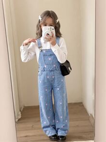 SHEIN 女童藍色牛仔寬鬆吊帶褲，愛心刺繡圖案 - 藍色 - 查看 5