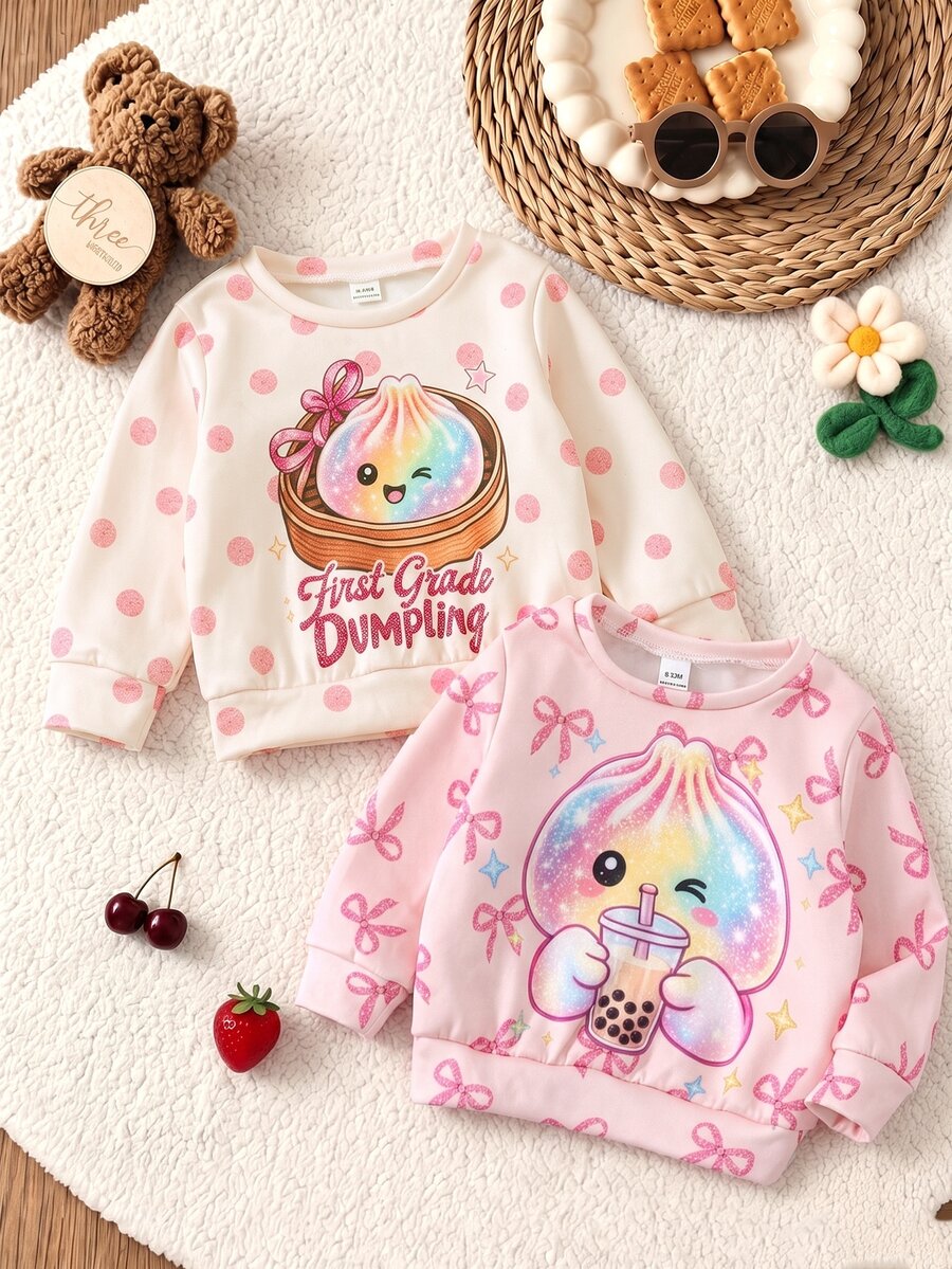 2Pcs Baby Girls Cute Bun, Rainbow Dumpling & Pearl Milk Tea Pattern Sweatshirt, Colorful Bow Print Crew Neck Pullover - Multicolor - View 1