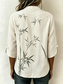 Bytebia Bytebia Fashionable Versatile Women's Bamboo Leaf Print Frog Button Blouse - Apricot - View 2