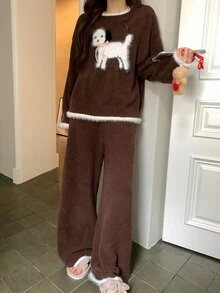 DAZY Happy Puppy Pattern Contrast Color Loose Knit 2-Piece Pajama Set For Women, Autumn/Winter - Coffee Brown - View 7
