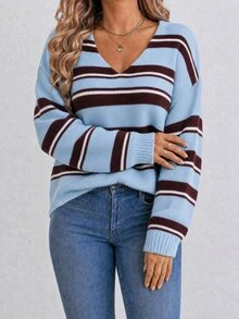 EMERY ROSE Lazy V-Neck Colorblock Striped Casual Versatile Knit Sweater Top - Multicolor - View 6