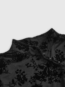 ROMWE Avant New Chinese Style Plant Flocked Sheer Qipao Collar Plus Size Mesh Top - Black - View 3