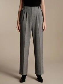 Anewsta Essential Women's Elegant Commute High Waist Pleated Side Button Straight Leg Trousers Grey Pants, Suitable For Commute, Daily, Date Outfits - Grey - View 5