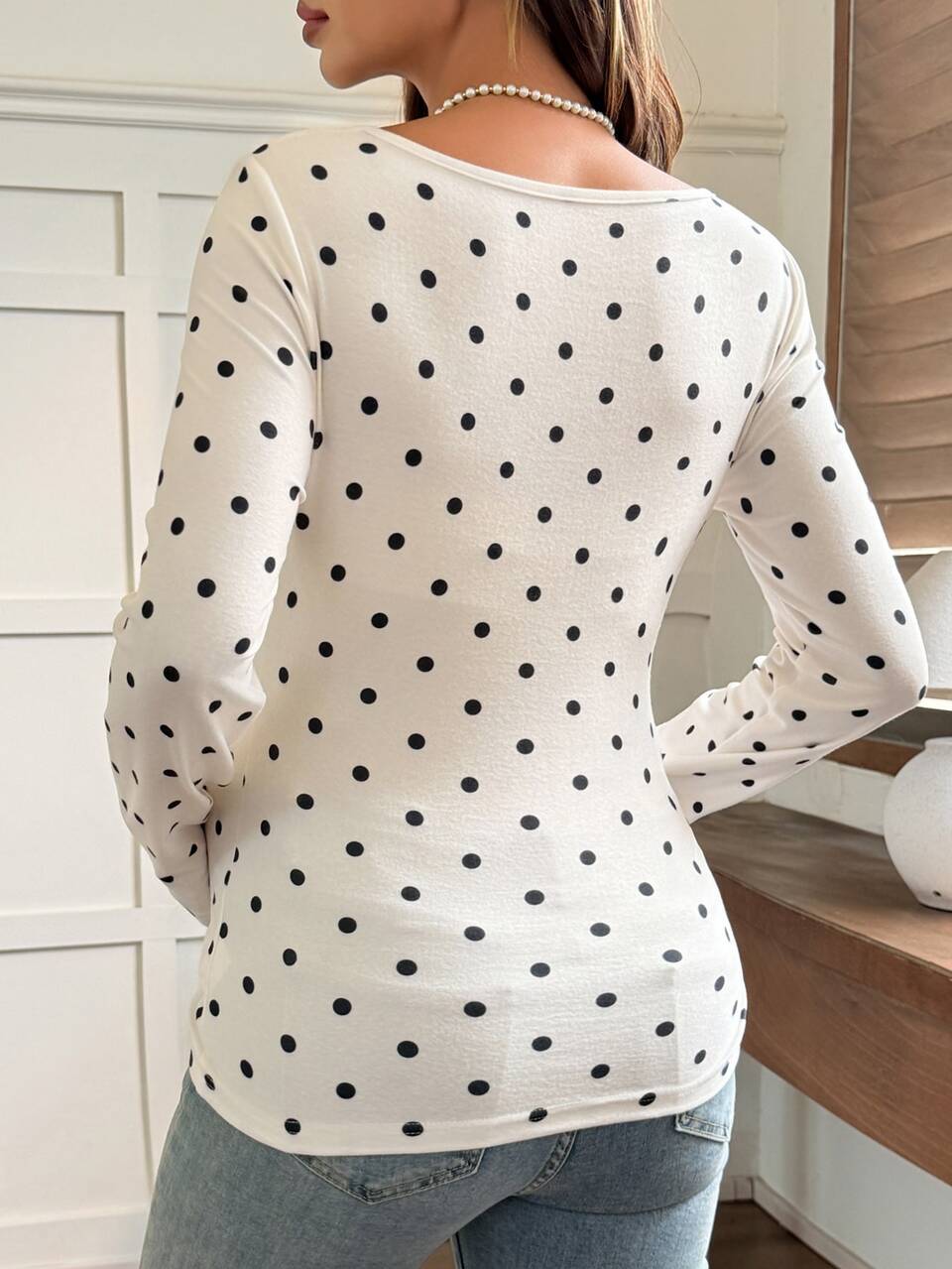 Polka Dot Elastic Top With Ruched Tie-Up Patchwork Long Sleeve Casual Vacation Korean Style Spring Autumn Maternity T-Shirt