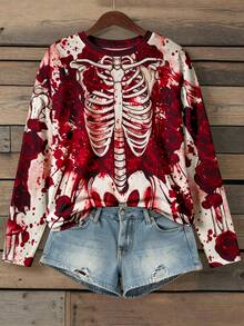 EMERY ROSE Plus Size Women's Vintage Dark Gothic Ribcage Skull & Death Rose All-Over Print Halloween Punk Party Regular Fit Loose Crew Neck Long Sleeve T-Shirt - Multicolor - View 1