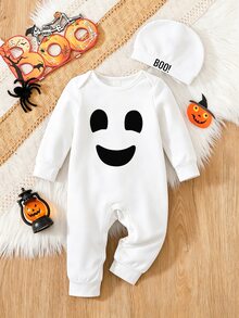 SHEIN 2pcs Baby Boy Newborn Halloween Smiling Face Boo Pattern Knitted Soft Round Neck Long Sleeve Romper And Hat, Cute Holiday Style, Suitable For Autumn And Winter - White - View 1